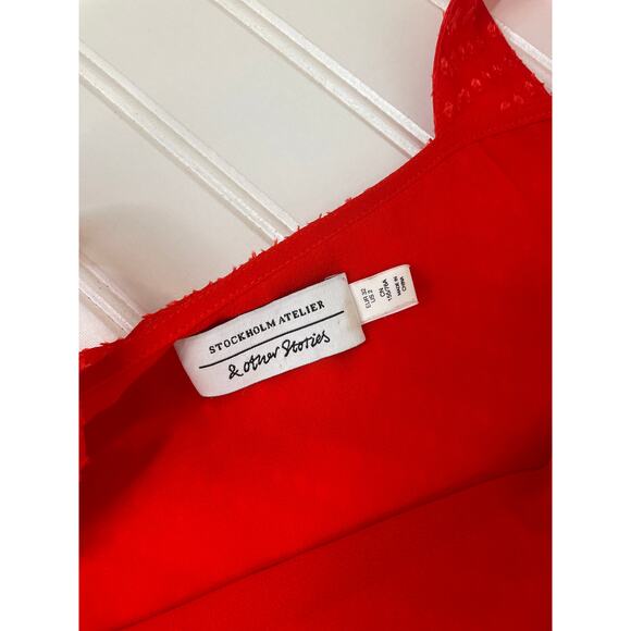 & Other Stories Red Sheer Silk Dress Flounce Midi Sleeveless Swing Wmns Size 2 - Picture 6 of 8